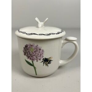 Hello‎ Honey Bee Ceramic Bumblebee Purple Floral Tea Mug Finial Lid
